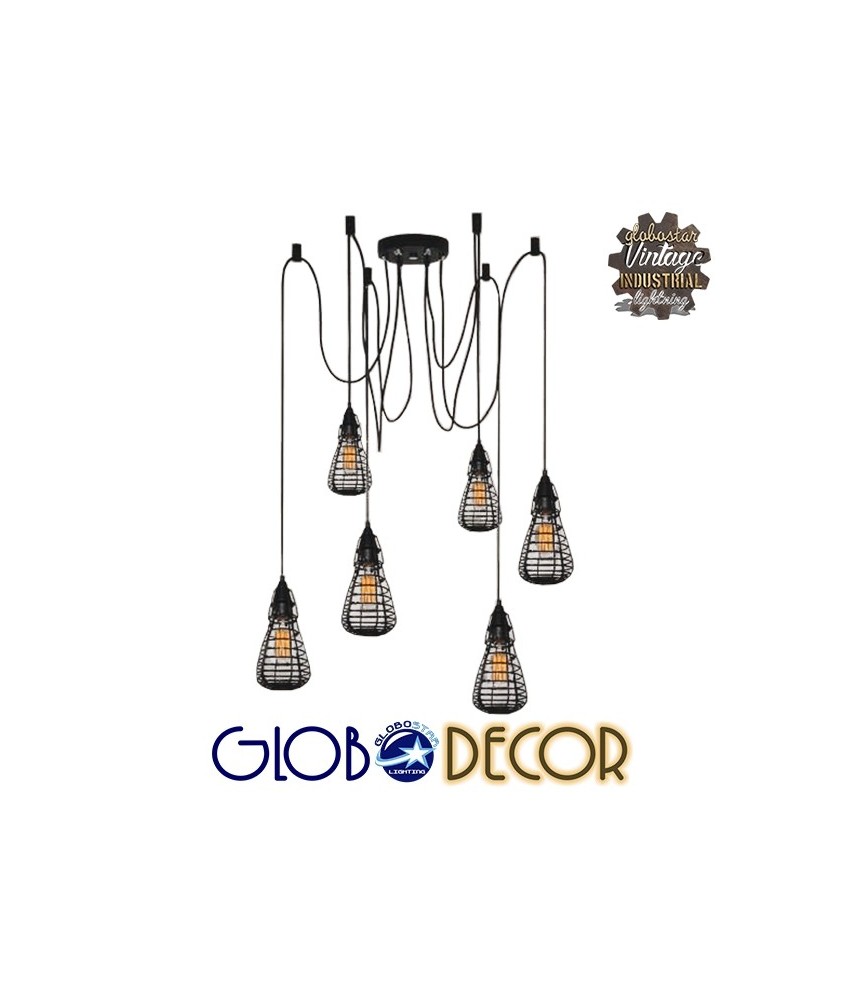 GLOBOSTAR® DROPS 01059 Vintage Κρεμαστό Φωτιστικό Οροφής με Ντουί 6 x E27 AC 220-240V IP20 - Μαύρο - 120cm